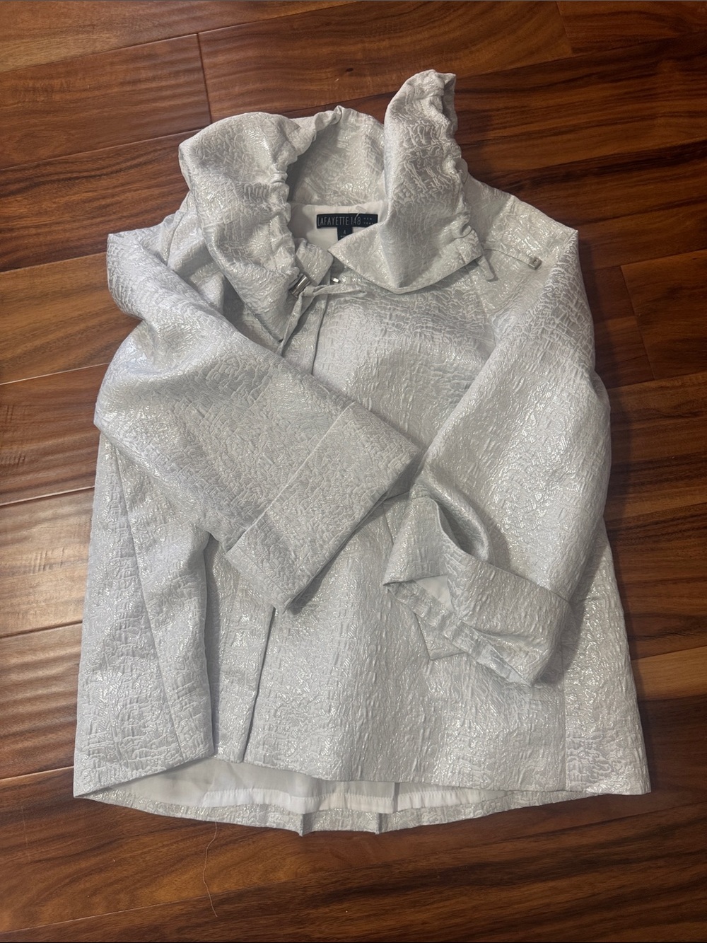 Lafayette 148 New York Silver Textured Funnel Collar cropped Trench Coat